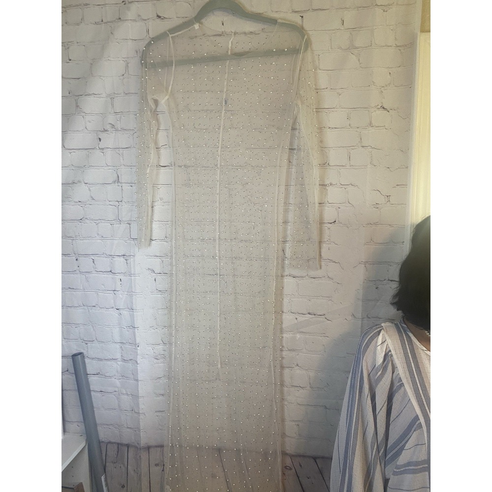 WILLOW DRESS Medium SHEER PEARL Gems MAXI SHIFT Elegant Event